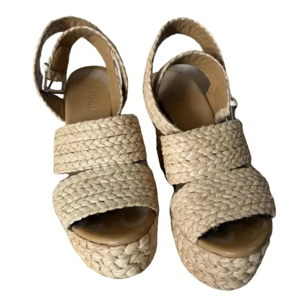 Polo Ralph Lauren Tan Ankle Strap Straw Wedge Sandals Size 7 EUR 37.5